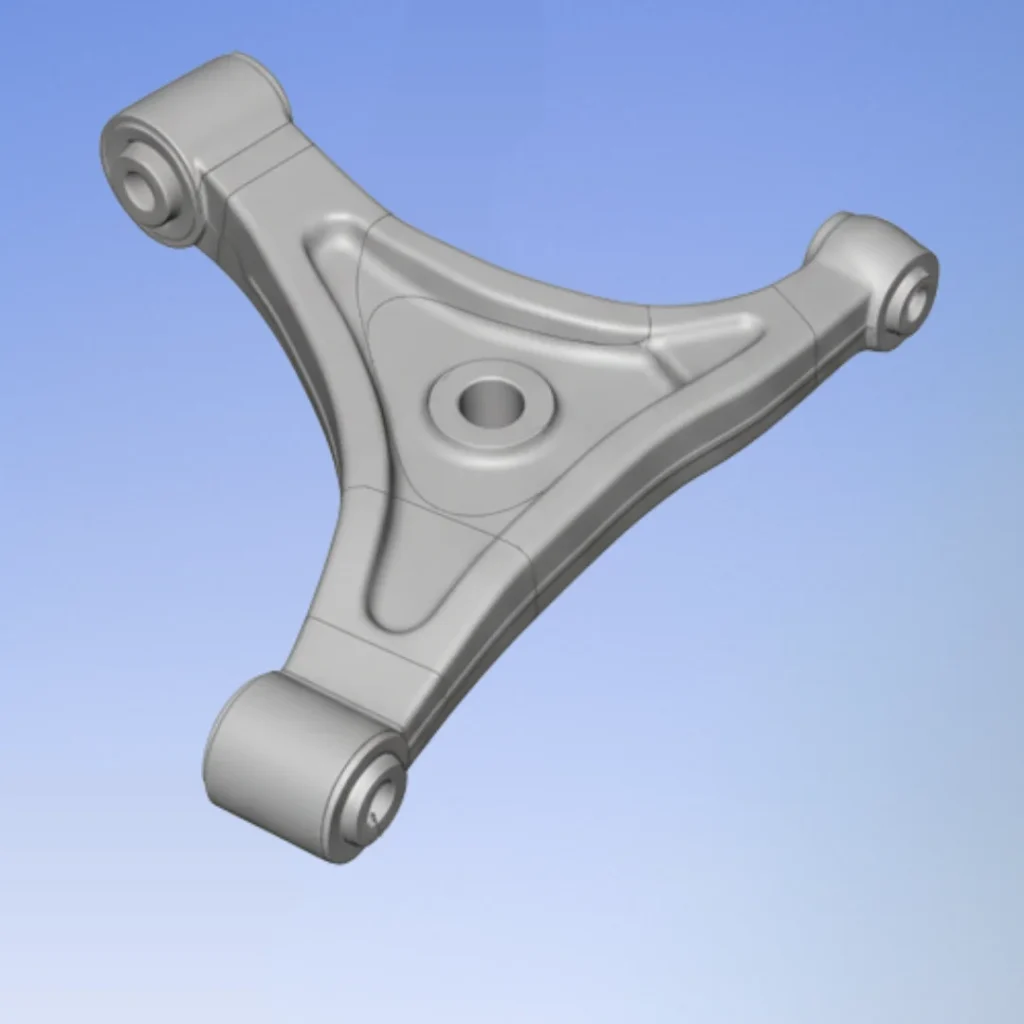 High-fidelity CAD model of automotive suspension control arm for structural FEA reconstruction.