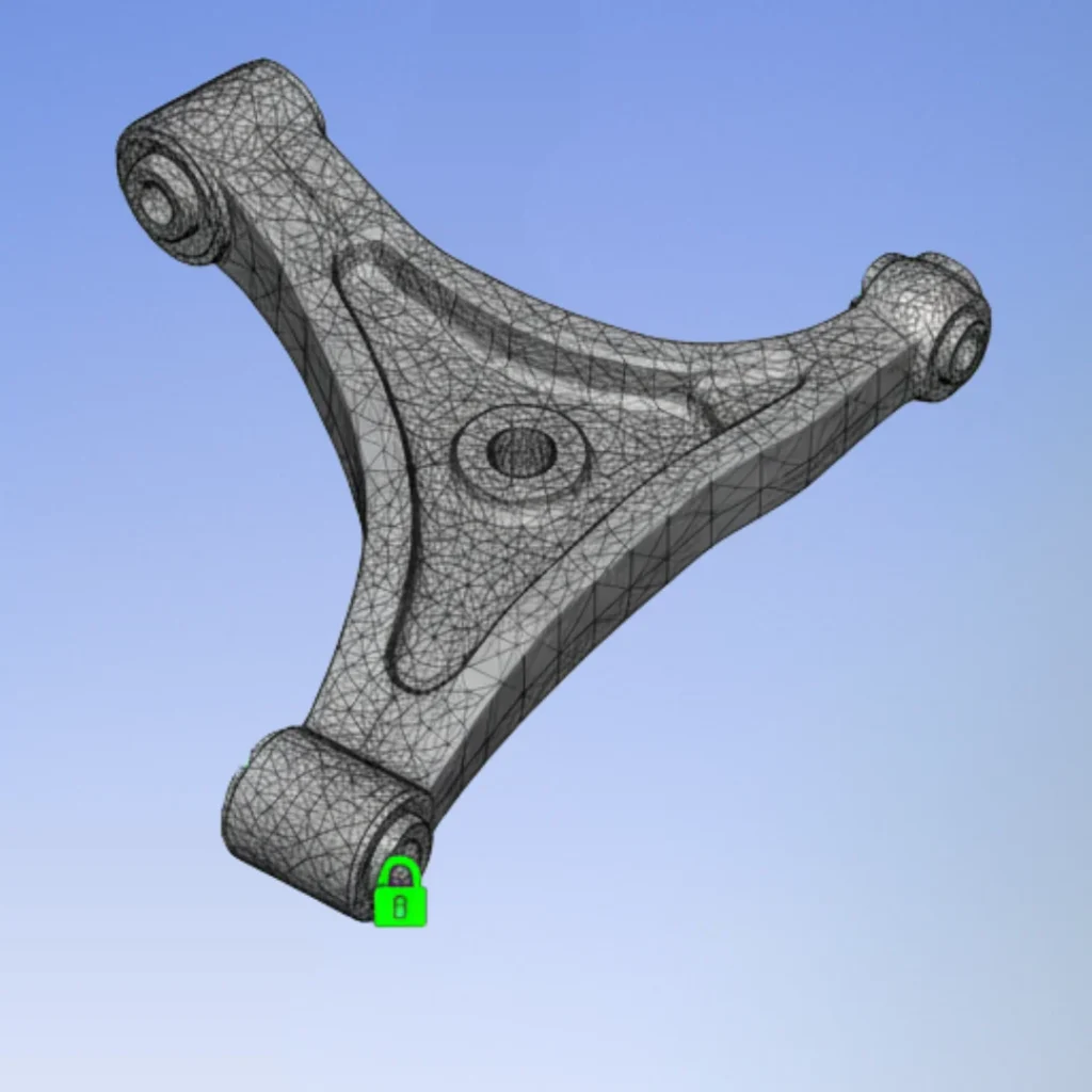 FEA meshed model of automotive control arm showing finite element mesh density and fixed constraints.
