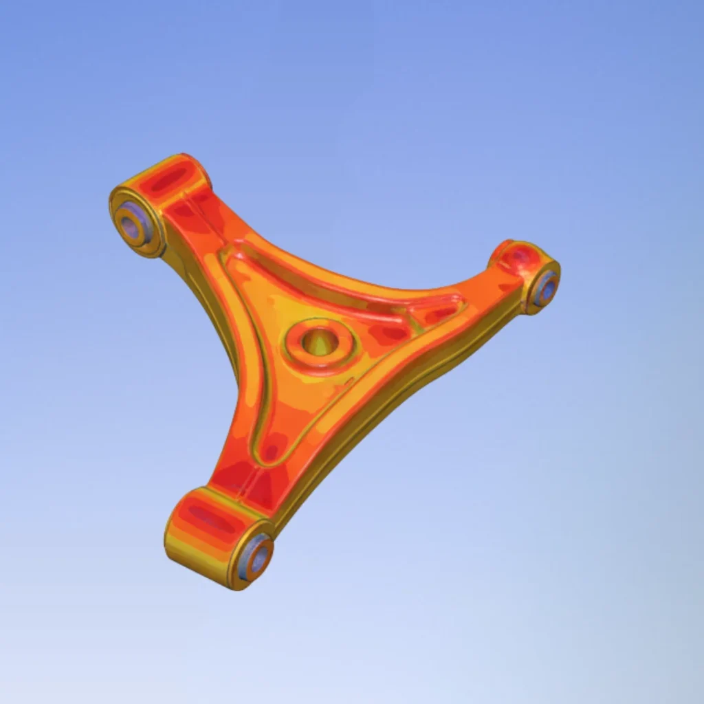 Structural FEA stress analysis plot on automotive control arm showing Von Mises stress distribution (High Load).