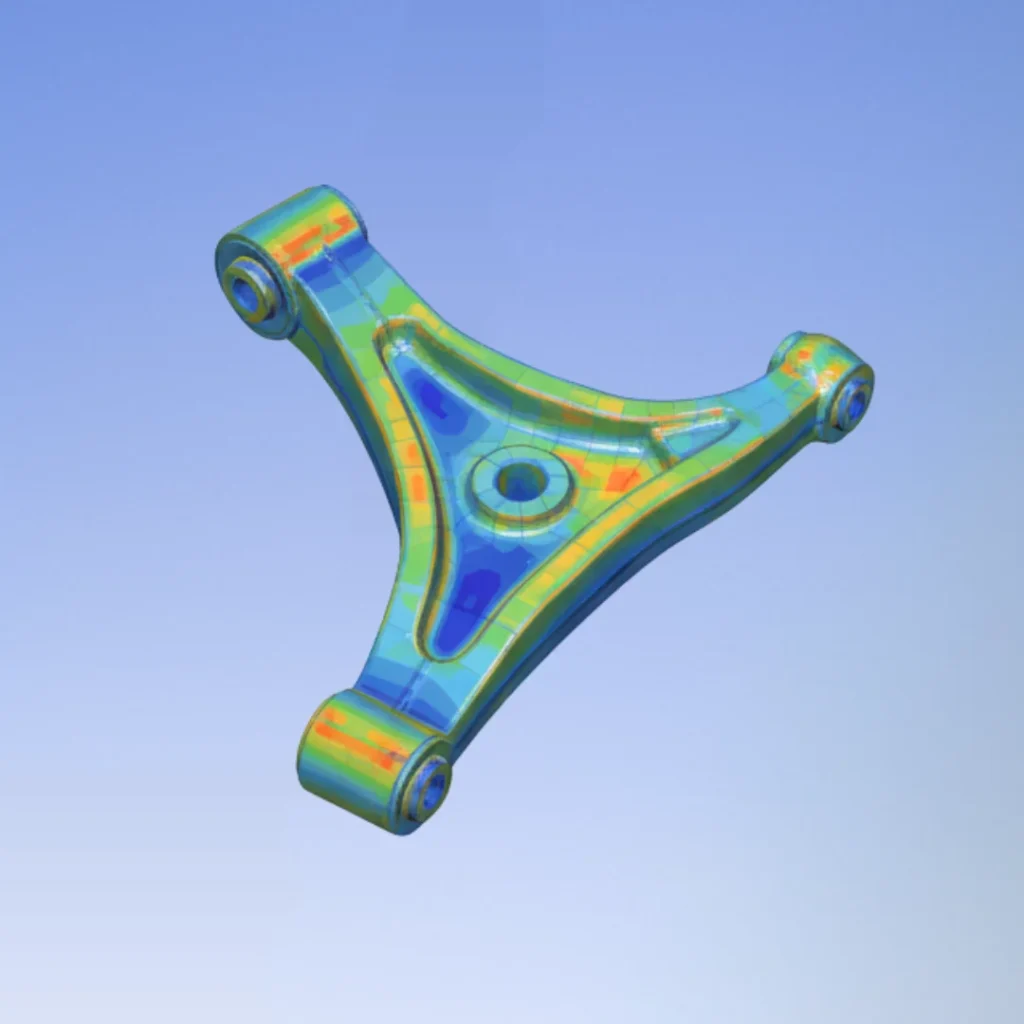 Structural FEA analysis plot showing strain and displacement distribution on suspension component.