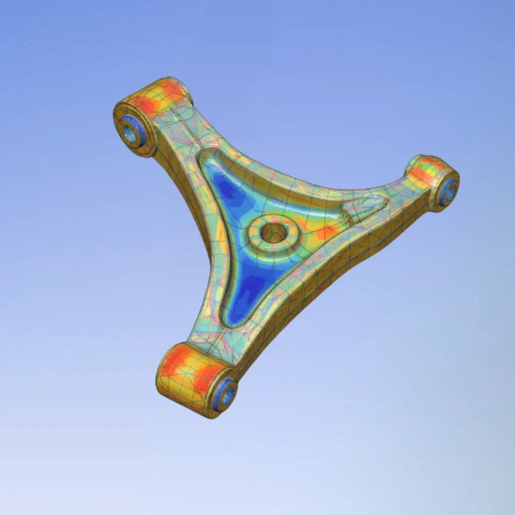 FEA analysis plot showing stress distribution overlaid on the element mesh for geometric accuracy check.