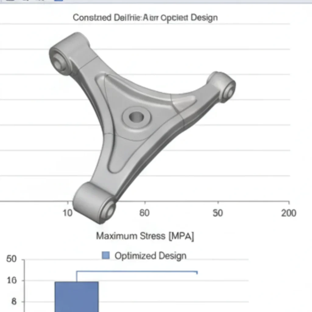 Structural FEA results graph showing maximum stress bar chart and component geometry for design optimization.