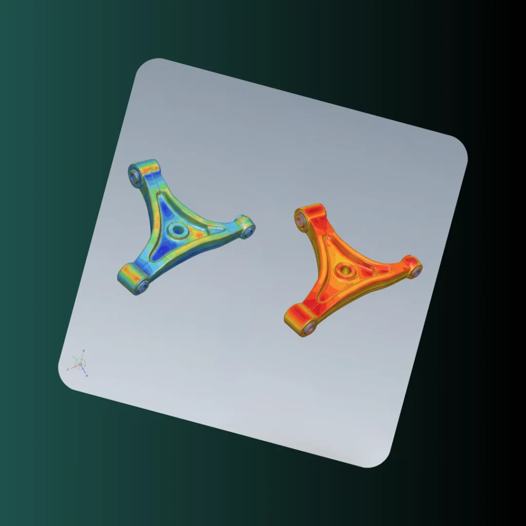 Final styled FEA result image comparing stress analysis on control arm.