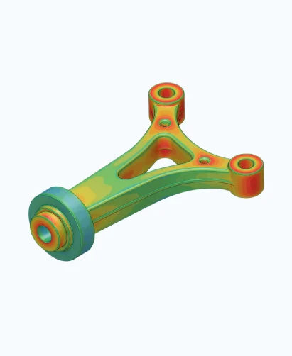 Structural FEA analysis plot showing stress distribution on an automotive suspension control arm.
