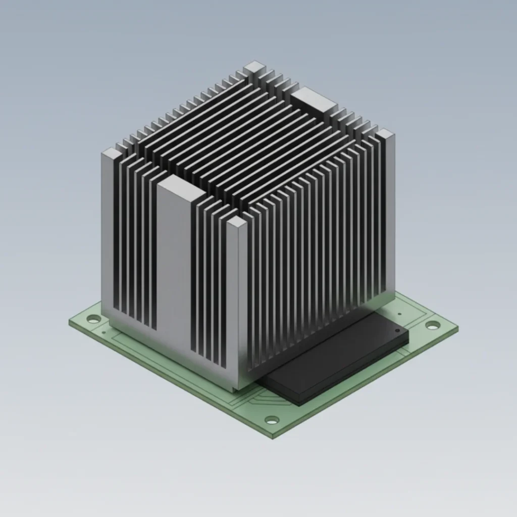 High-fidelity CAD model of heat sink assembly and electronic component for thermal management analysis.