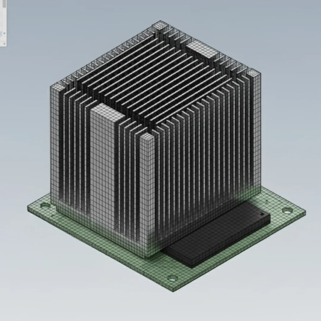CFD meshed model of the heat sink assembly showing finite volume mesh density for thermal analysis setup.