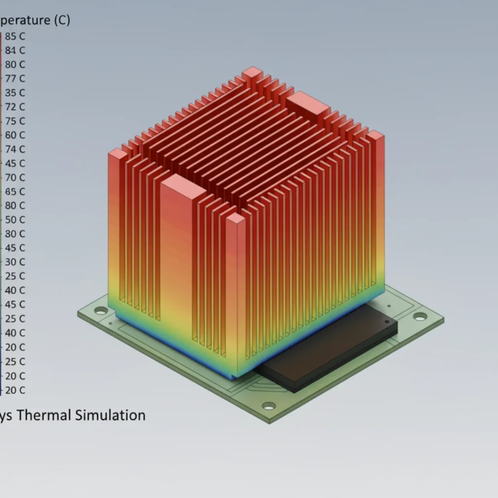 CFD thermal simulation showing temperature distribution and maximum heat accumulation on the heat sink fins.