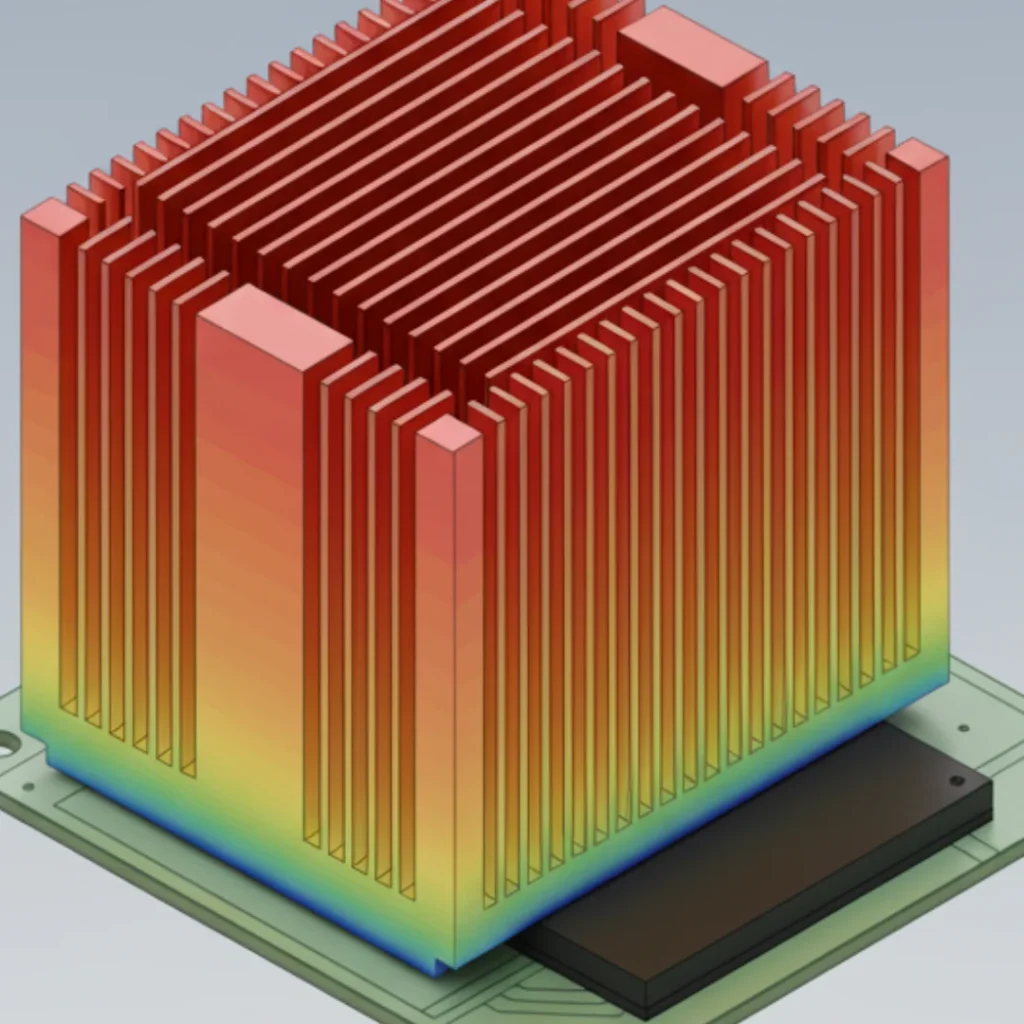 Close-up view of the thermal simulation plot on heat sink fins, highlighting critical hot spots.