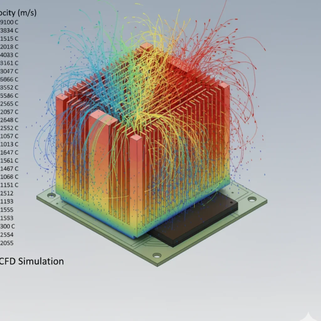 CFD flow simulation showing air velocity streamlines and convective heat transfer around the heat sink fins.