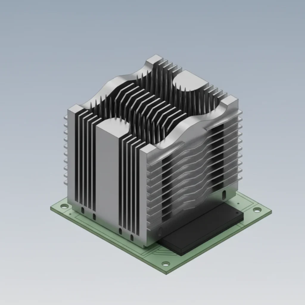 Optimized CAD model of the heat sink showing modified fin geometry for improved cooling performance.