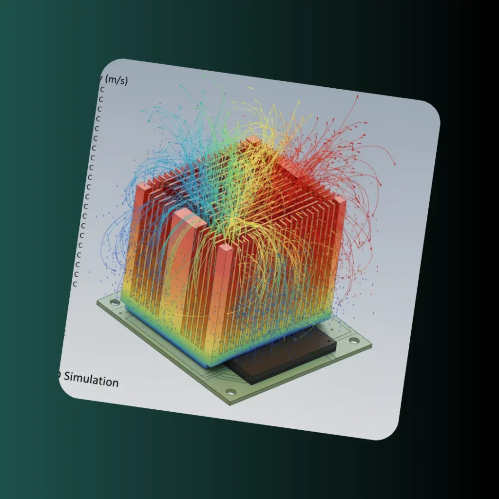 Final styled CFD analysis result showing air velocity streamlines for heat sink thermal optimization.