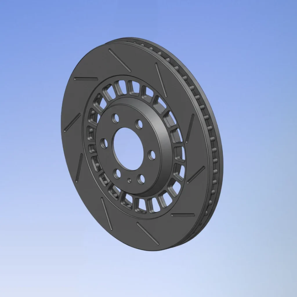 High-resolution CAD model of slotted brake rotor ready for structural FEA validation.