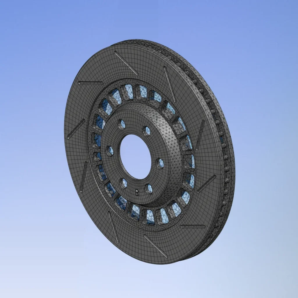 Meshed model of automotive brake rotor showing finite element mesh density for stress analysis.