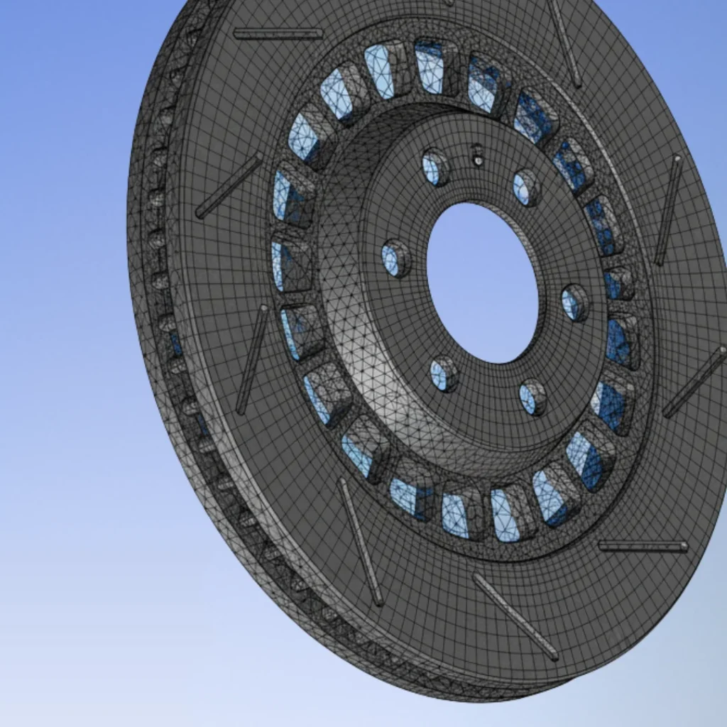 Detailed view of FEA mesh quality on the brake rotor ventilation slots for accurate stress gradient capture.