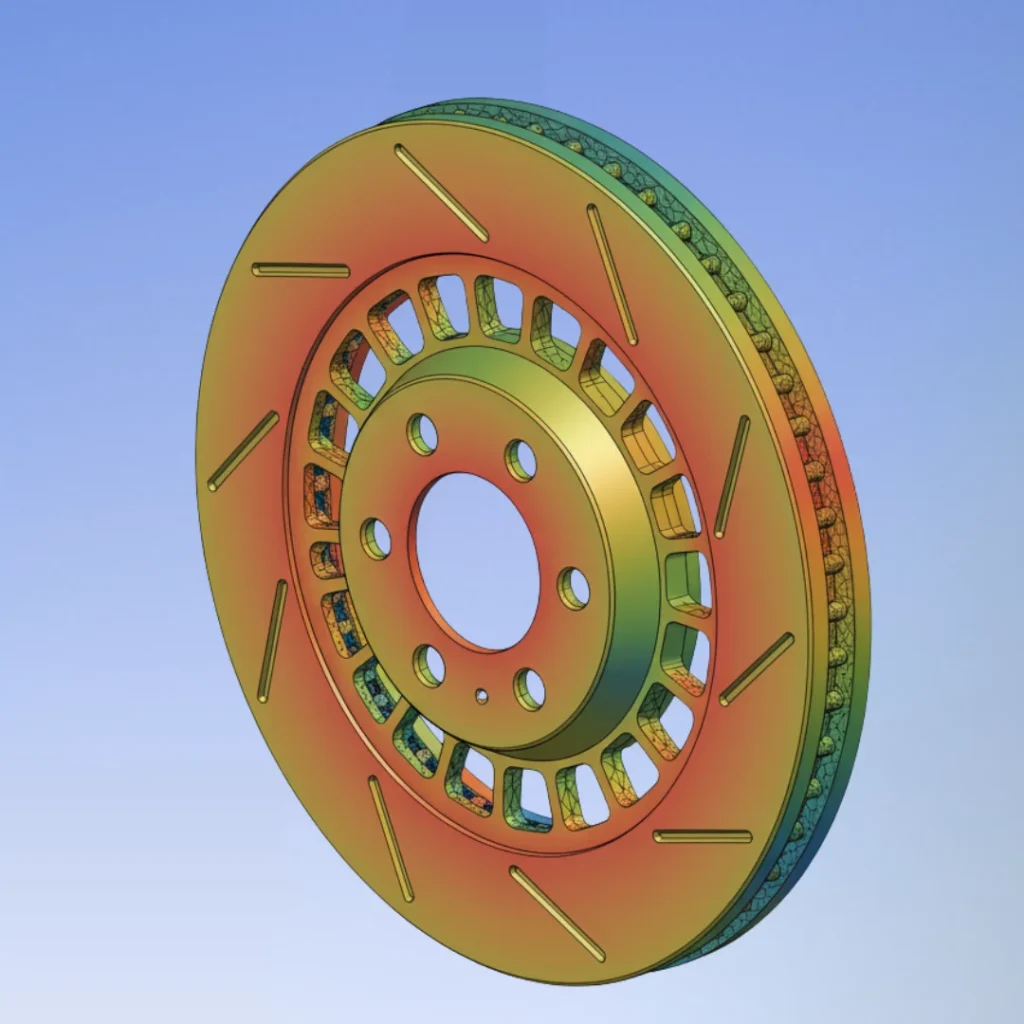 Structural FEA stress analysis plot on high-performance brake rotor showing Von Mises stress distribution.