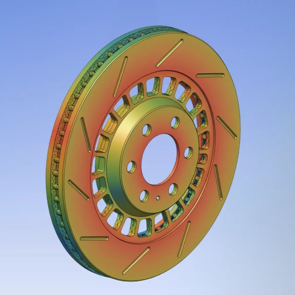 Angled view of FEA structural analysis plot verifying safety factor of slotted brake rotor design.