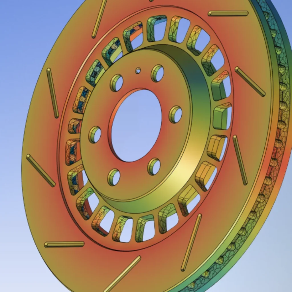 Close-up view of stress analysis plot on the brake rotor surface, highlighting critical load areas.