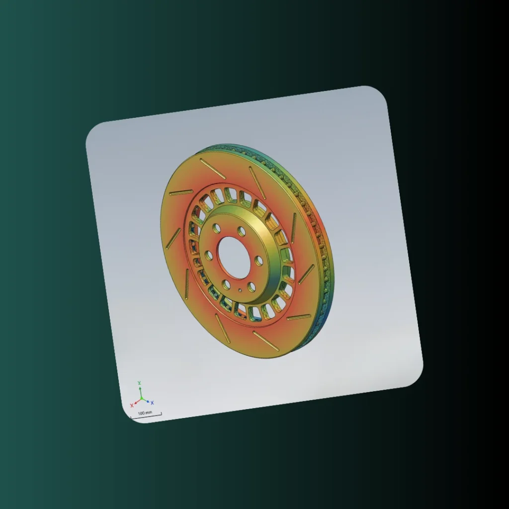Final styled FEA result image showing structural reliability verification of the brake rotor design.
