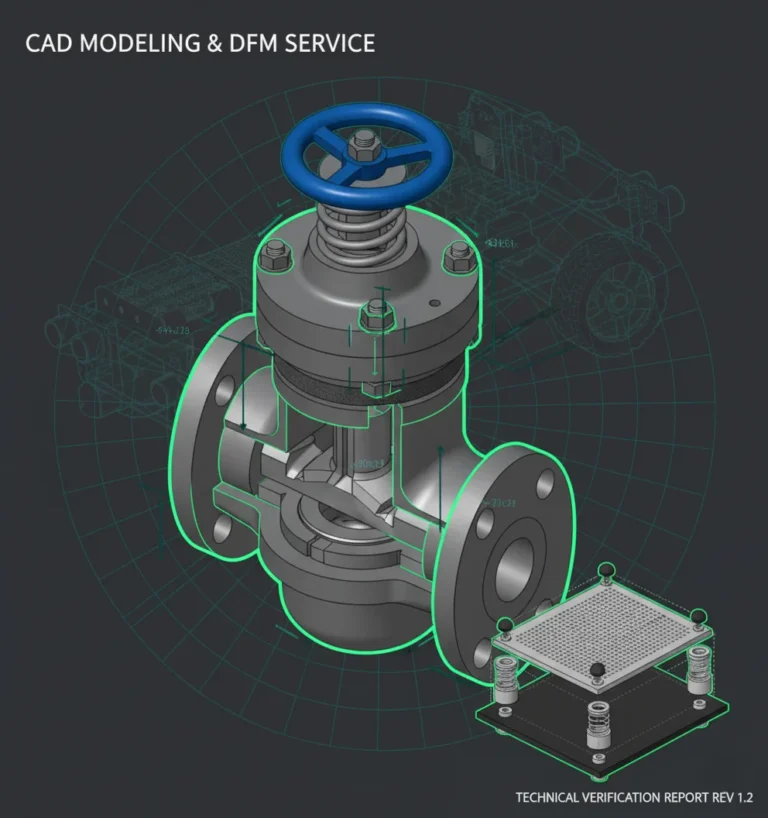 Precision CAD Modeling and DFM Engineering: Composite technical graphic showing complex valve cross-section and multi-part assembly with green analysis overlay for tolerance verification
