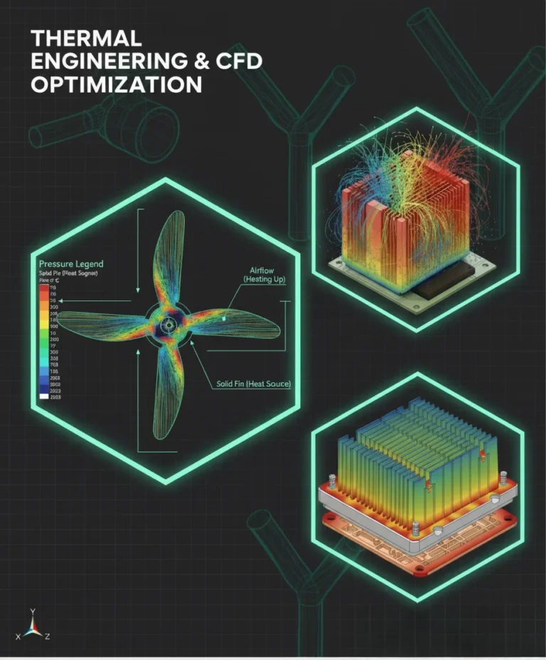 Design Forensics overview graphic showing propeller flow, heat sink temperature, and fluid dynamics analysis.