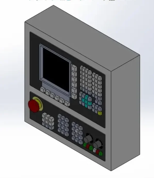 CAD model of industrial CNC machine control panel HMI for button layout and enclosure design.