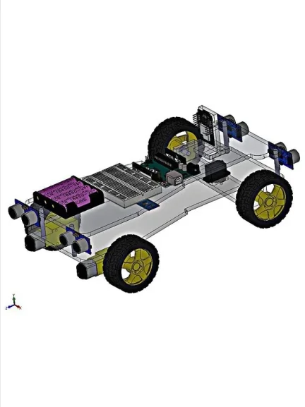 Multi-component CAD assembly model of autonomous vehicle chassis with electronics integration.