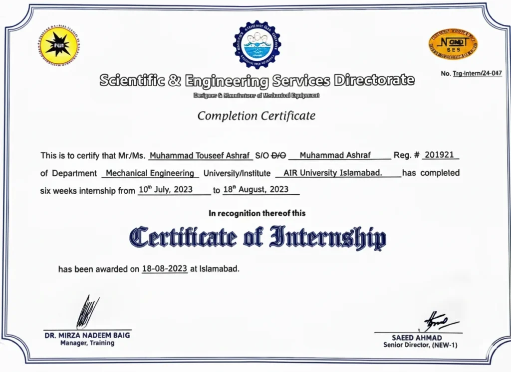 Certificate of internship completion in Mechanical Engineering at Scientific & Engineering Services Directorate.