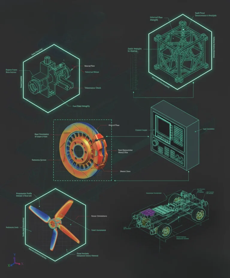 Technical schematic graphic of multiple mechanical and simulation projects: valve, brake rotor, control panel, and vehicle assembly.