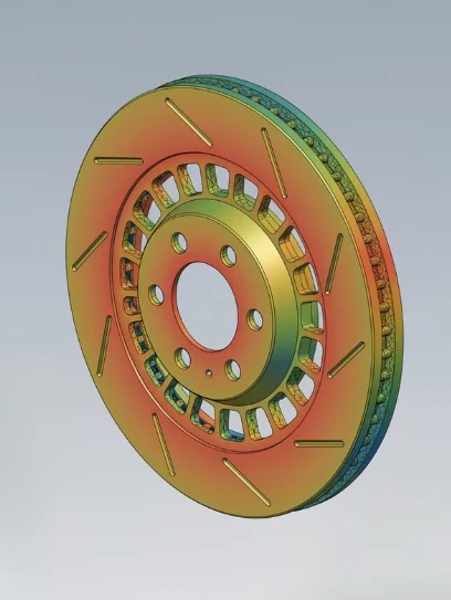Structural FEA stress analysis plot showing temperature and load effects on high-performance brake rotor.
