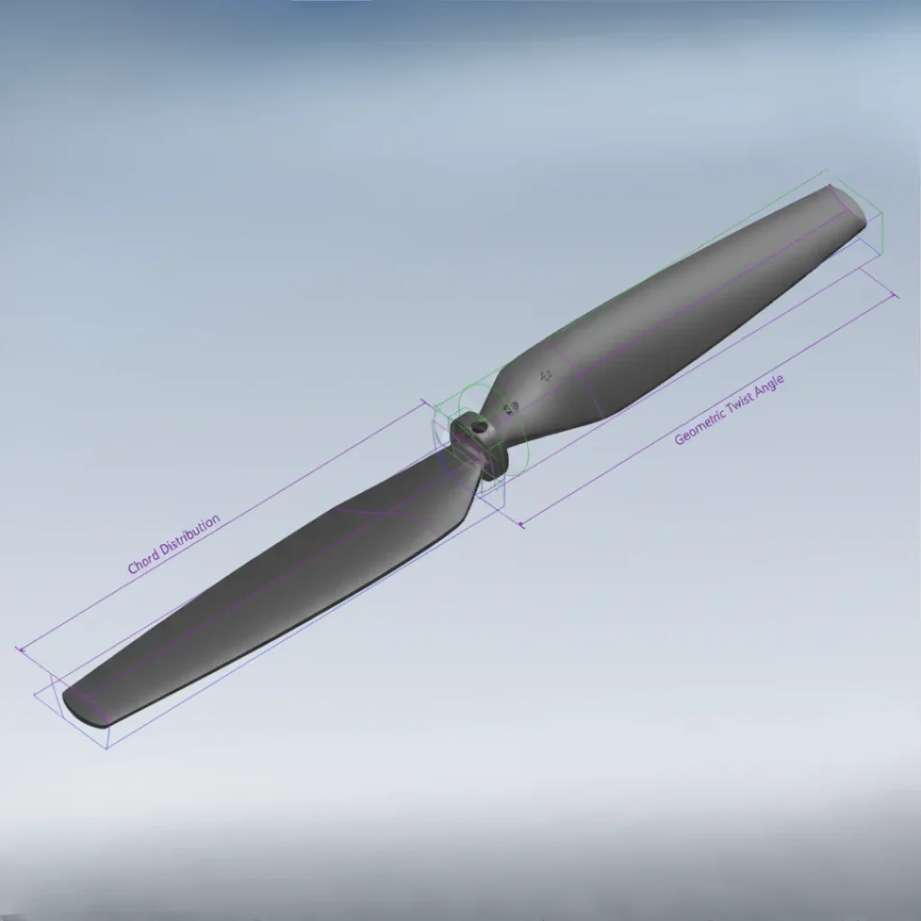 High-fidelity CAD model of drone propeller blade showing chord distribution and geometric twist angle for CFD setup.