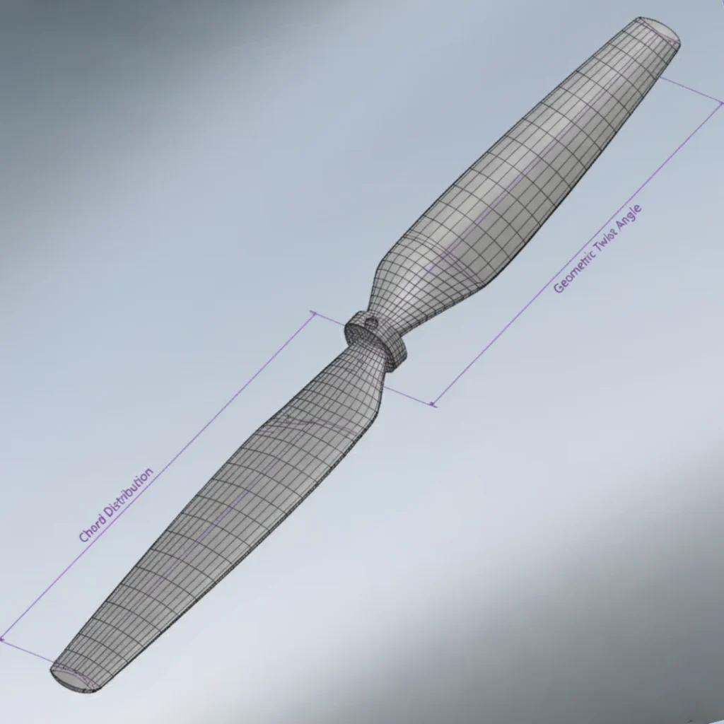 CFD analysis model of drone propeller showing surface meshing detail for accurate aerodynamic simulation.