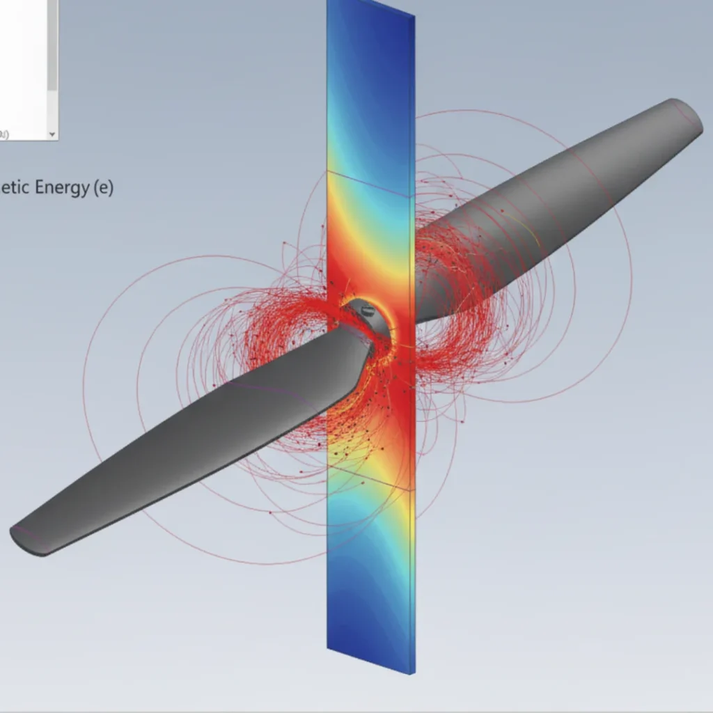 CFD simulation showing airflow streamlines and turbulent kinetic energy distribution around the rotating propeller hub.