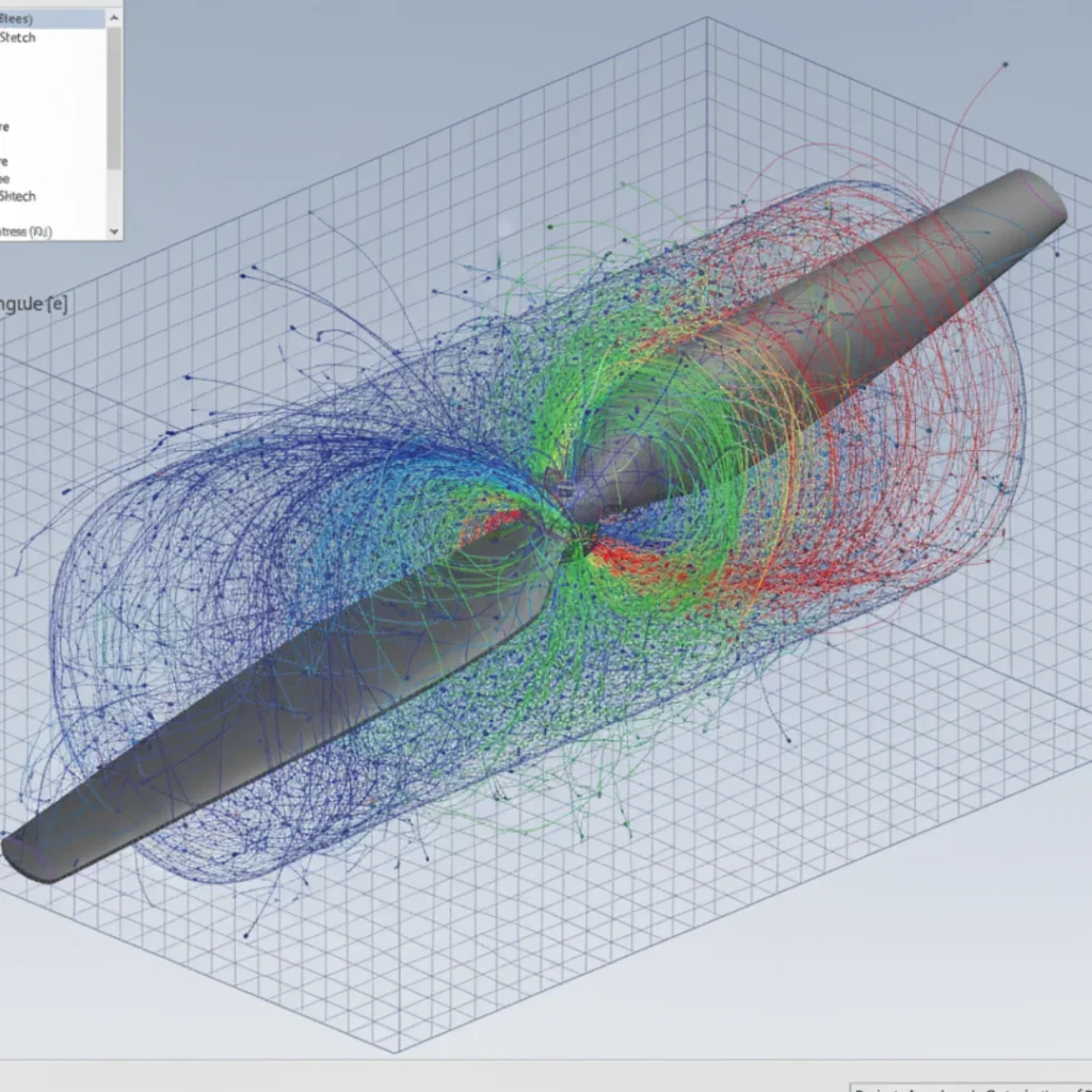 CFD flow visualization showing complex velocity streamlines and turbulent wake generated by the drone propeller.