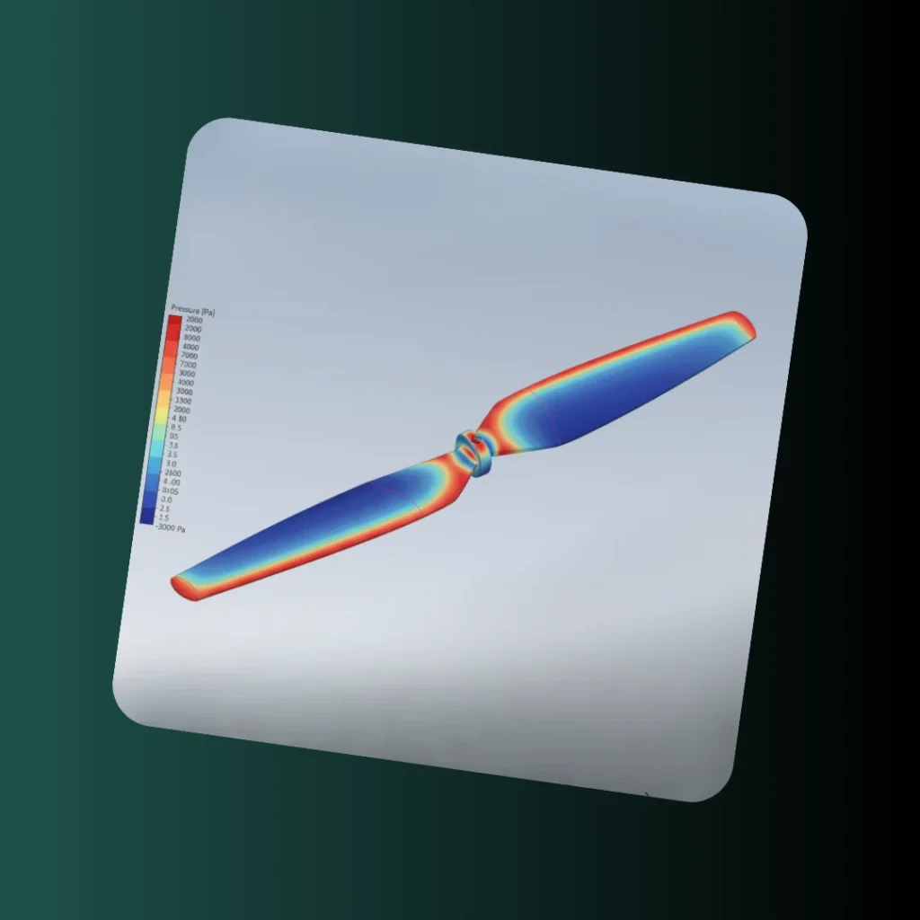 Final styled CFD pressure plot verifying aerodynamic performance of the drone propeller design.