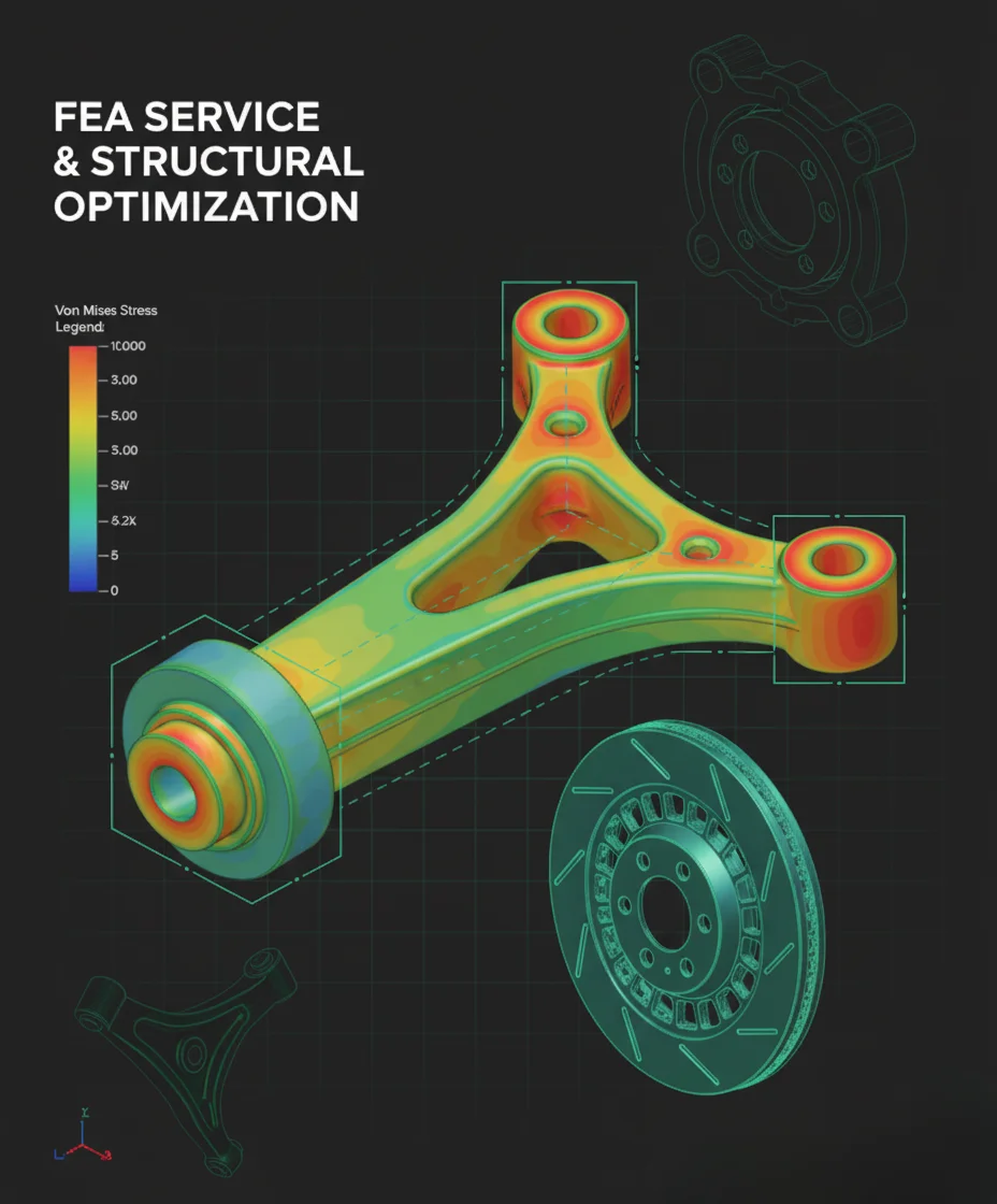 FEA service and structural optimization graphic showing Von Mises stress analysis on automotive control arm and brake rotor.