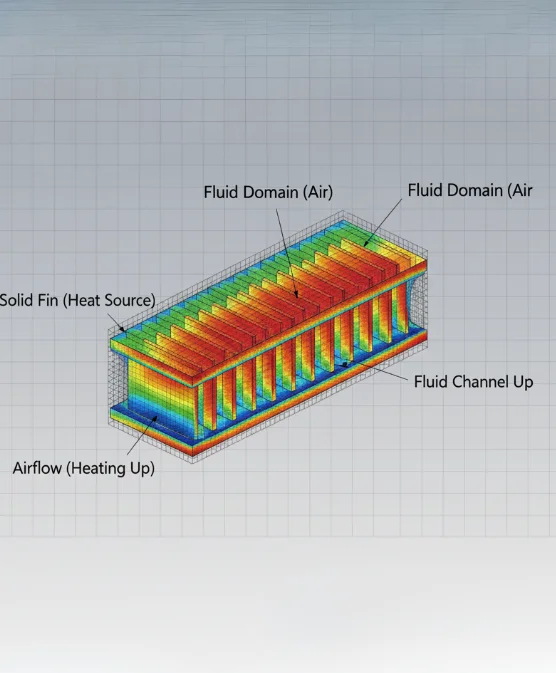 Detailed cross-section view of heat sink showing airflow path and fluid channels for convective heat transfer analysis.