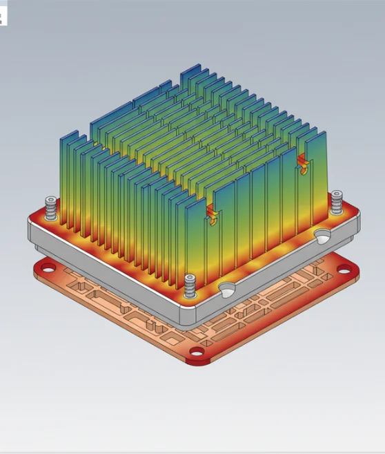 Thermal CFD analysis of heat sink assembly showing heat transfer and temperature gradient across fins and PCB base.