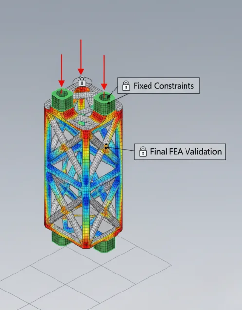 FEA validation of structural frame assembly showing stress analysis and fixed constraint application.