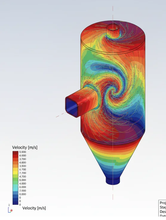 CFD simulation of a cyclone separator showing internal velocity and swirling flow patterns for efficiency analysis.