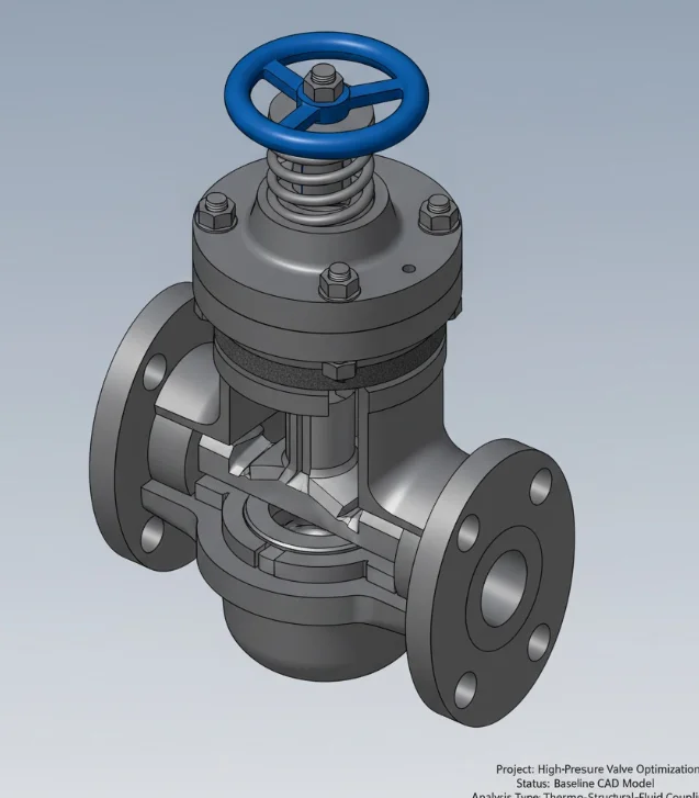 CAD model cross-section of high-pressure valve assembly detailing internal geometry for fluid path DFM check.