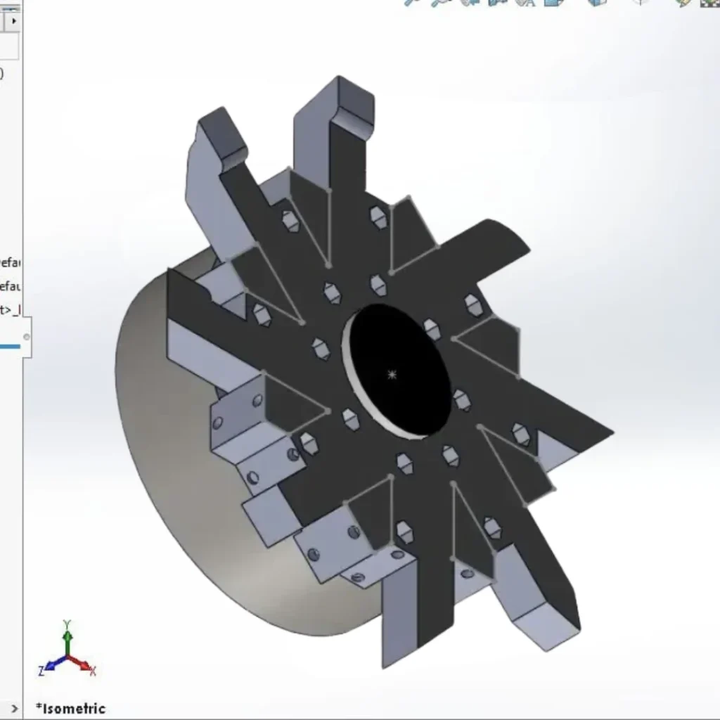 Close-up CAD view of CNC machine tool turret hub detailing the tool holder geometry and mating surfaces.