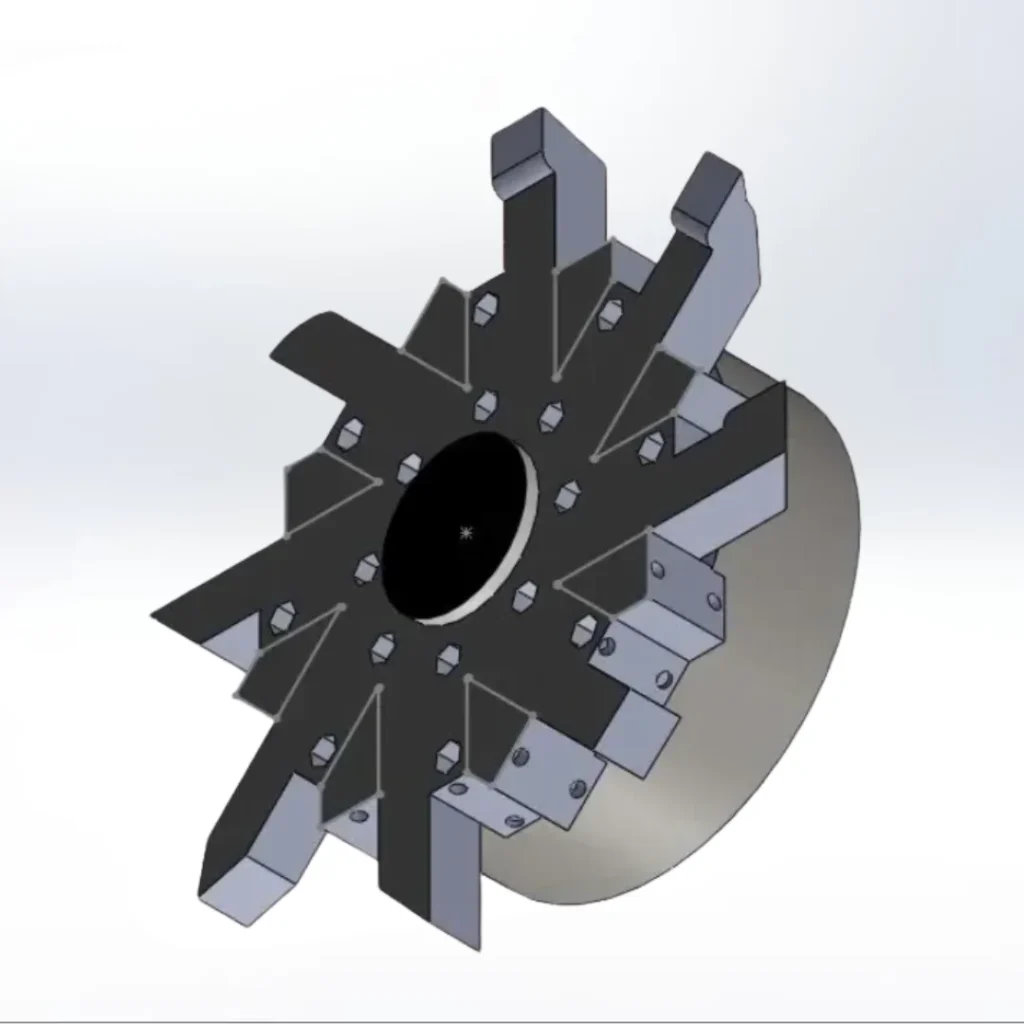 Angled view of complex industrial tool turret assembly modeled in SolidWorks.