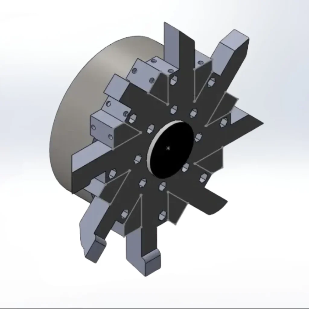 CAD model of multi-component tool turret showing precise assembly fit and tool indexing layout.