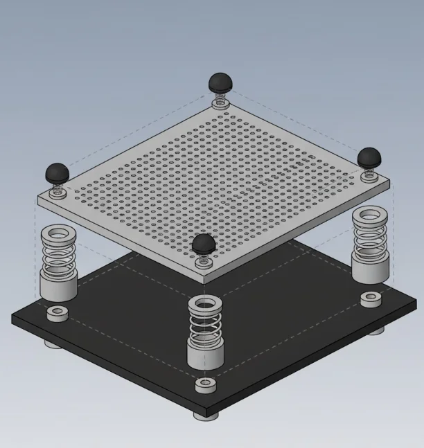 CAD model of multi-component vibration isolation platform for structural dynamics verification.