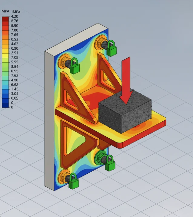 Structural FEA analysis of a wall-mounted bracket showing stress concentration under downward load.