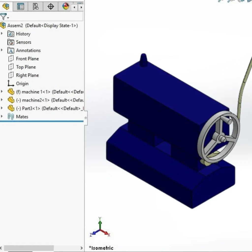 SolidWorks CAD model of industrial feed mechanism assembly showing the feature tree and mating history.