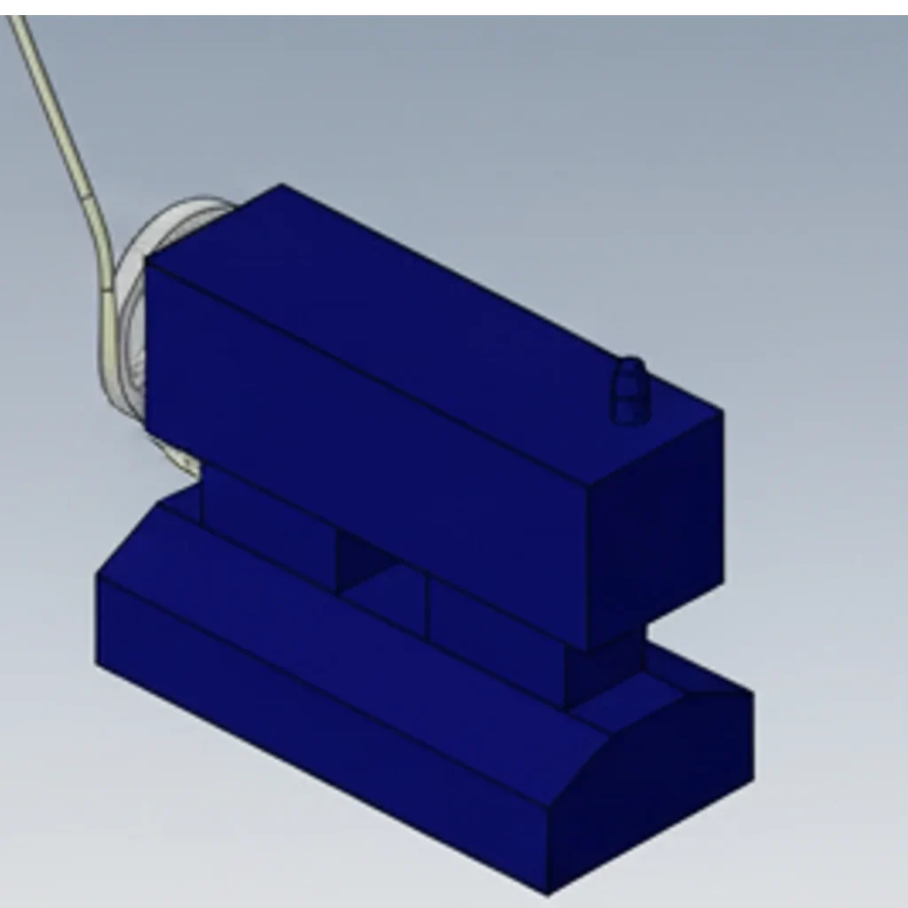 Close-up view of the robust main housing geometry of the feed mechanism CAD model.