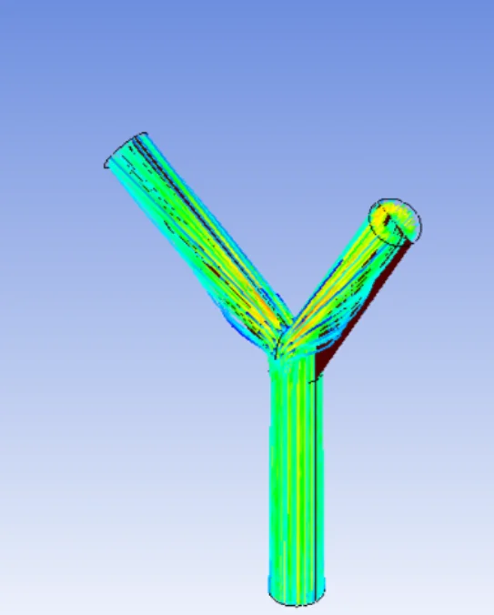 CFD analysis result showing streamlined flow vectors and pressure drop through a pipe Y-junction network.